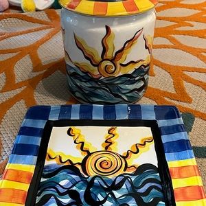 Vicki Carroll Hand Painted Cookie Jar and Tray Set